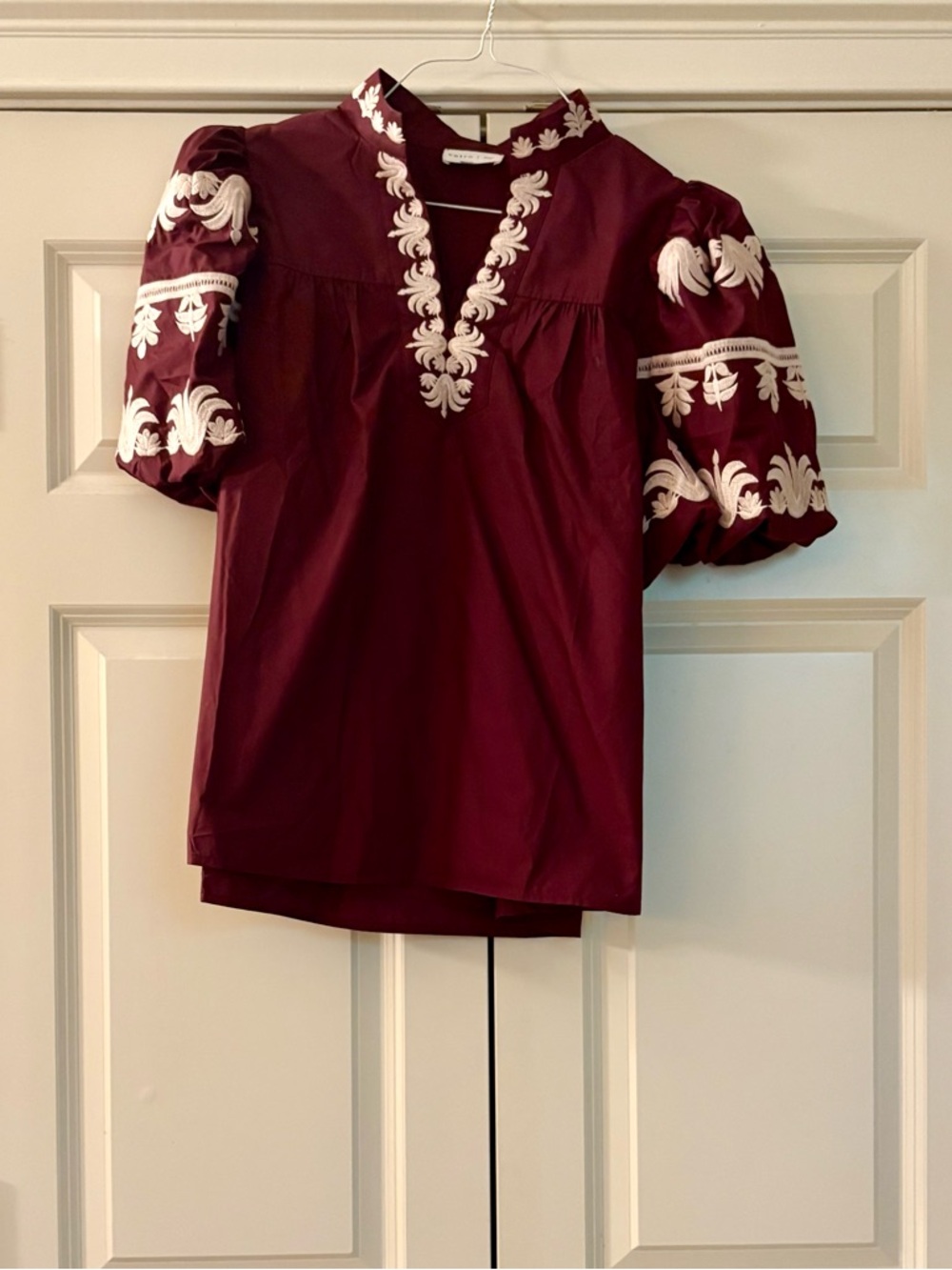 entro Burgundy Puff-Sleeve Embroidered Blouse